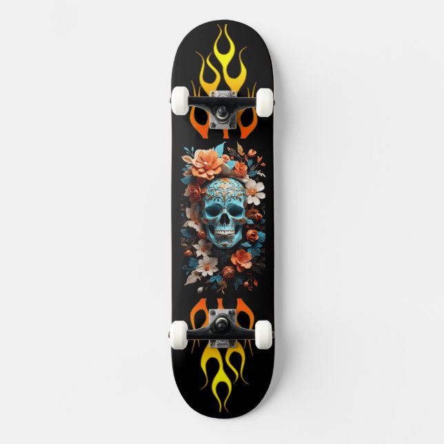Calavera y flores, fuego, velocidad, patineta (Anverso)