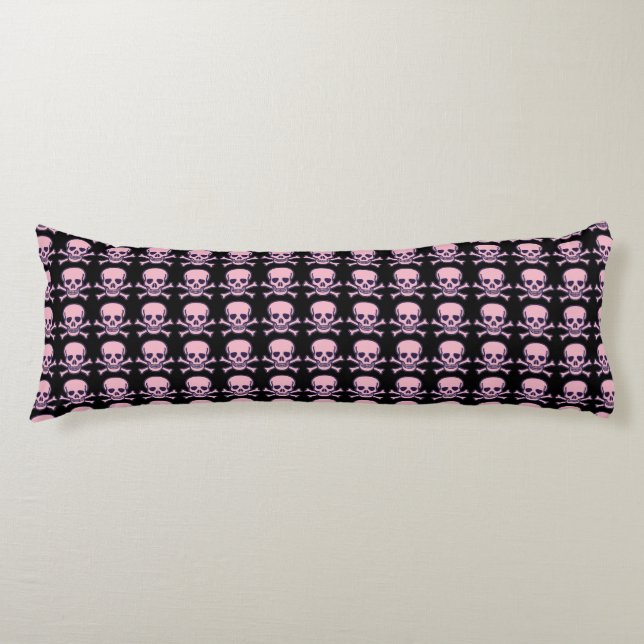 Calavera y huesos almohada rosa de cuerpo negro (Anverso)