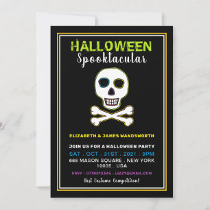 Calavera y huesos, fiesta de Halloween de neón