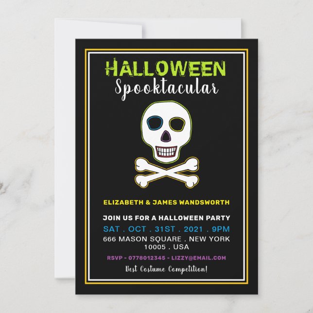 Calavera y huesos, fiesta de Halloween de neón (Anverso)