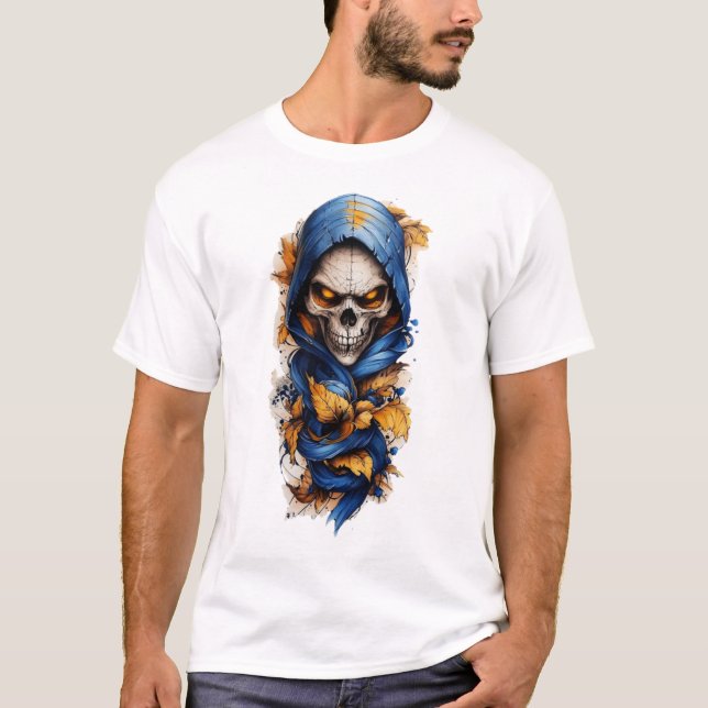 Calavera y otoño deja camiseta estilo tatuaje (Anverso)