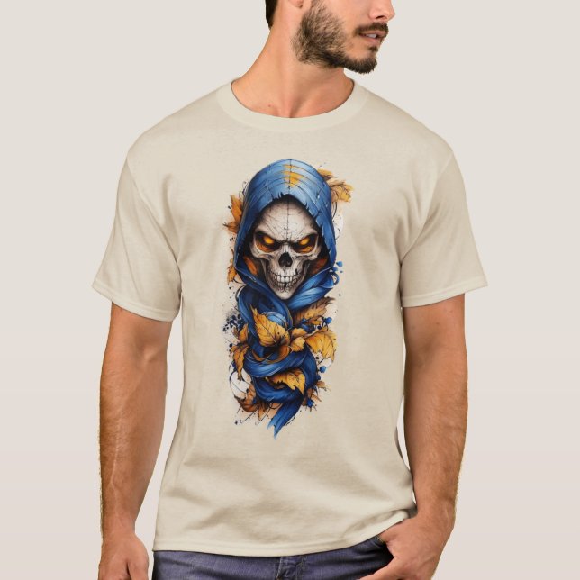 Calavera y otoño deja camiseta estilo tatuaje (Anverso)