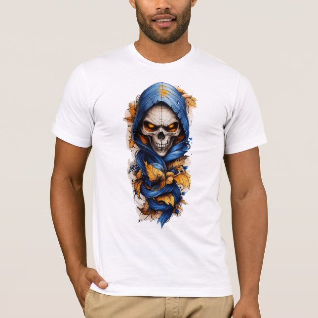Calavera y otoño deja camiseta estilo tatuaje (Anverso)