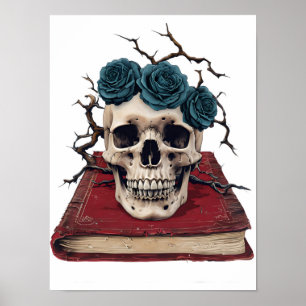 Calavera y Rosas en libro - Poster de arte literar