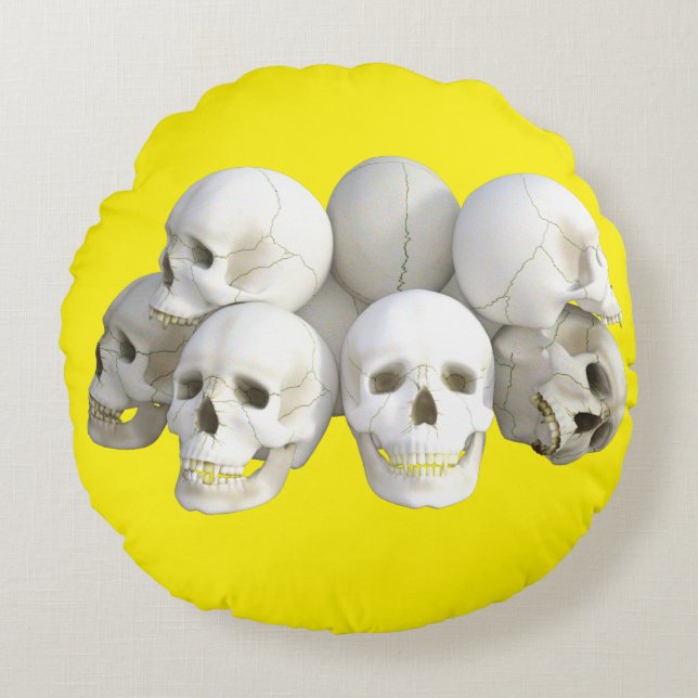 Calaveras blancas Almohada redonda Fondo amarillo (Anverso)