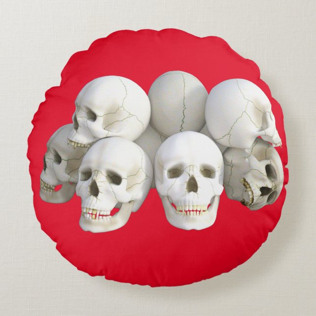 Calaveras blancas Almohada redonda, fondo rojo (Anverso)