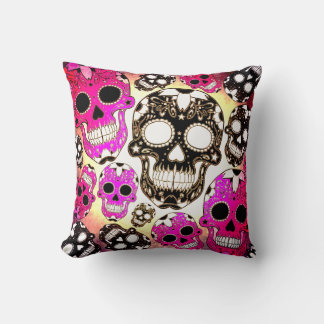 Calaveras de azúcar negro rosadas almohada cuadrad