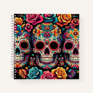 Calaveras de colores y cuaderno de flores.