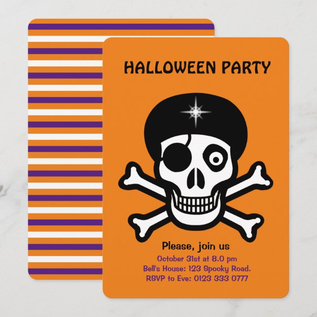 Calaveras de Halloween en invitación naranja (Anverso / Reverso)