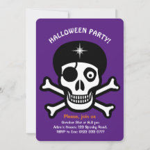 Calaveras de Halloween en invitación naranja y púr