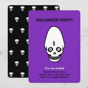 Calaveras de Halloween en invitación negra y morad