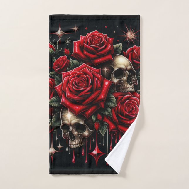 Calaveras doradas y rosas rojas desgarran el glamo (Toalla de mano)