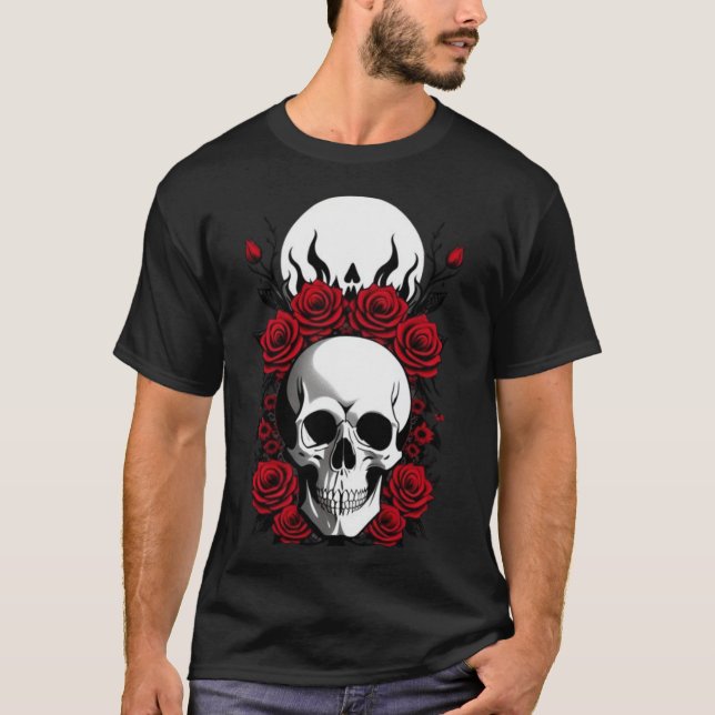 Calaveras góticas y flores rojas Camiseta oscura b (Anverso)