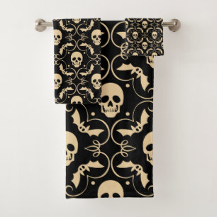 Calaveras y Murciélagos de Halloween Negro y Crema