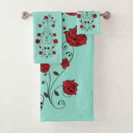 Calaveras y Rosas Baño Toalla Set Verde azulado