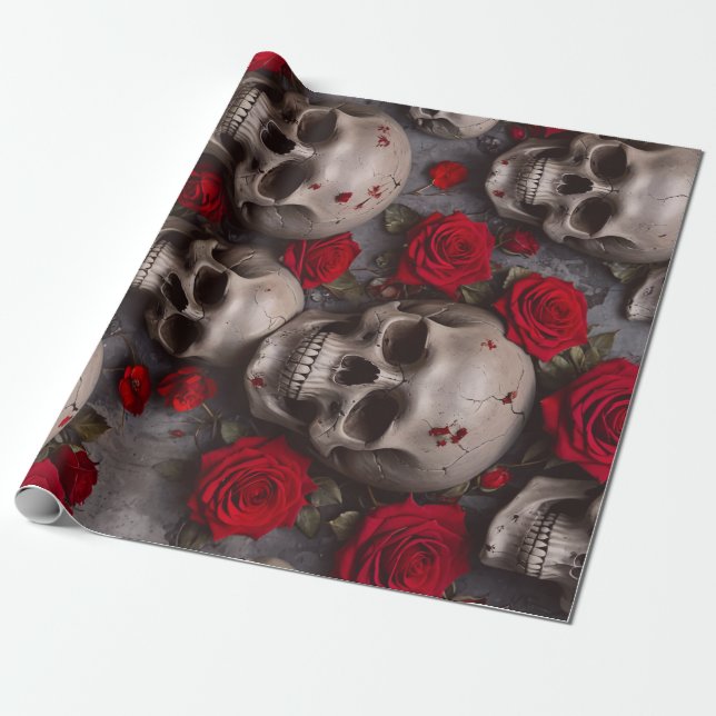 Calaveras Y Rosas Rojas Papel Envolvente (Desenrollado)