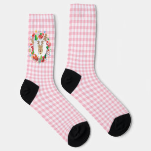 Calcetín de Reno de Cuadros Rosas para Rellenar en