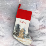 Calcetín Navideño 🎄 Golden Christmas Tree Winter Wonderland<br><div class="desc">🌟 Este magnífico Navidad Stocking presenta un romántico paisaje acuático de invierno a mano con un árbol de Navidad dorado y nieve. ✨ Comparte la magia de la temporada invernal,  un placer maravilloso. ⭐ 🌲 Amor y alegría para ti y tu familia! ©Susanne Sachers - Sunny Mind Design 🌞</div>