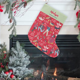 Calcetín Navideño Grande 12 días de Navidad Rojo Verde Tradicional Clásico