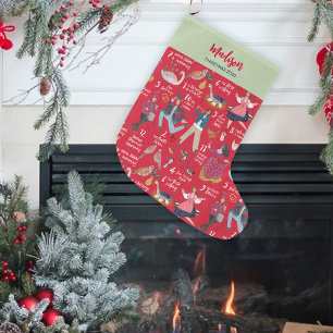 Calcetín Navideño Grande 12 días de Navidad Rojo Verde Tradicional Clásico