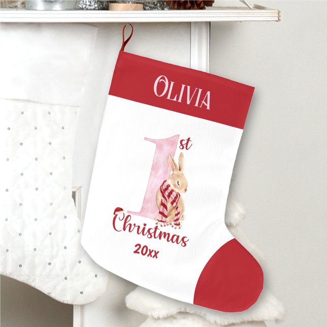 Calcetín Navideño Grande 1.ª Navidad Bunny Baby Girl Red Pink Name (1st Christmas Bunny Baby Girl Red Pink Name Large Christmas Stocking)