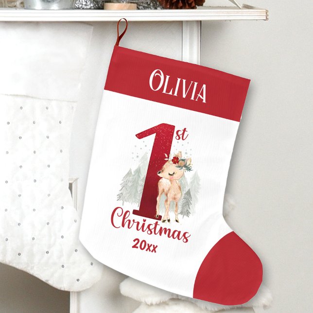 Calcetín Navideño Grande 1.ª Navidad Deer Baby Girl Red Name (1st Christmas Deer Baby Girl Red Name Large Christmas Stocking)