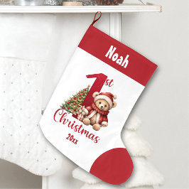 Calcetín Navideño Grande 1.ª Navidad Teddy Bear Baby Boy Red Name
