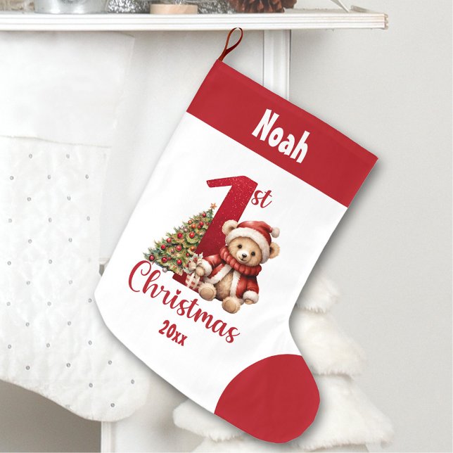 Calcetín Navideño Grande 1.ª Navidad Teddy Bear Baby Boy Red Name (1st Christmas Teddy Bear Baby Boy Red Name Large Christmas Stocking)