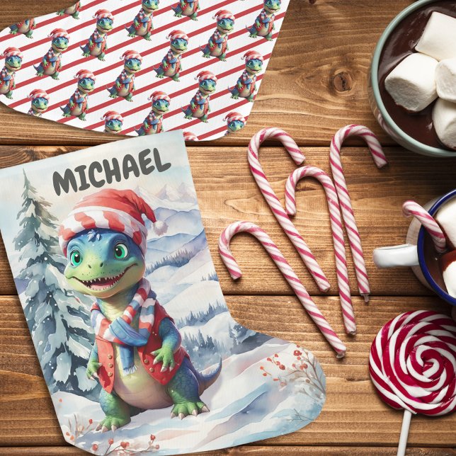 Calcetín Navideño Grande acuarela festiva de Dino Wonderland (Subido por el creador)