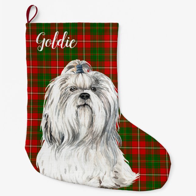 Calcetín Navideño Grande Acuarela Lhasa Apso Dog Personalizada (Anverso)