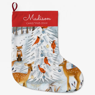 Calcetín Navideño Grande Adorable patrón de animales del bosque rojo y azul