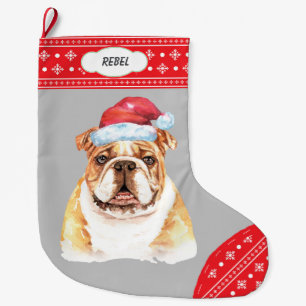 Calcetín Navideño Grande Adorno de Copo de Nieve de Bulldog con Gorro de Sa