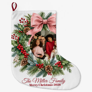 Calcetín Navideño Grande Adorno de foto de Navidad con lazo rosa Coquette