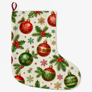 Calcetín Navideño Grande Adornos Navideños Vintage y Patrón de Acebo – Rojo