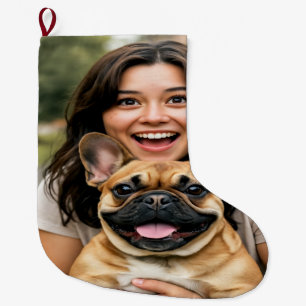 Calcetín Navideño Grande Agregar foto de Bulldog Francés Personalizar