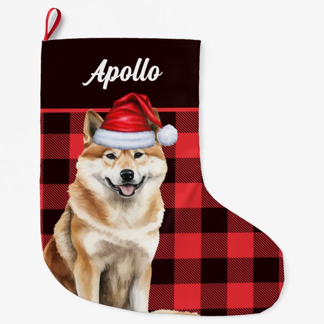 Calcetín Navideño Grande Akita Perro Cute Red Buffalo con Nombre (Anverso)