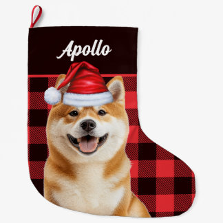 Calcetín Navideño Grande Akita Perro Lindo Plaid Búfalo Rojo con Nombre