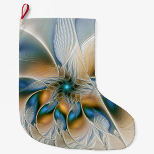 Calcetín Navideño Grande Alarmante, Abstracta Fantasía Fractal Art Con Azul
