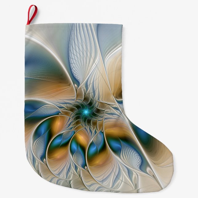 Calcetín Navideño Grande Alarmante, Abstracta Fantasía Fractal Art Con Azul (Anverso)
