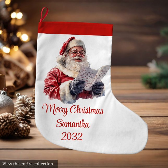Calcetín Navideño Grande Alegre Santa Claus Rústico Nombre Personalizable E (Merry Santa Claus Rustic Custom Name Editable Stocking)
