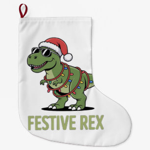 Calcetín Navideño Grande Alegría Navideña del Dinosaurio Rex Festivo