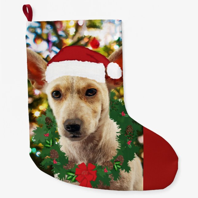 Calcetín Navideño Grande Alegría por el cachorro (Anverso)