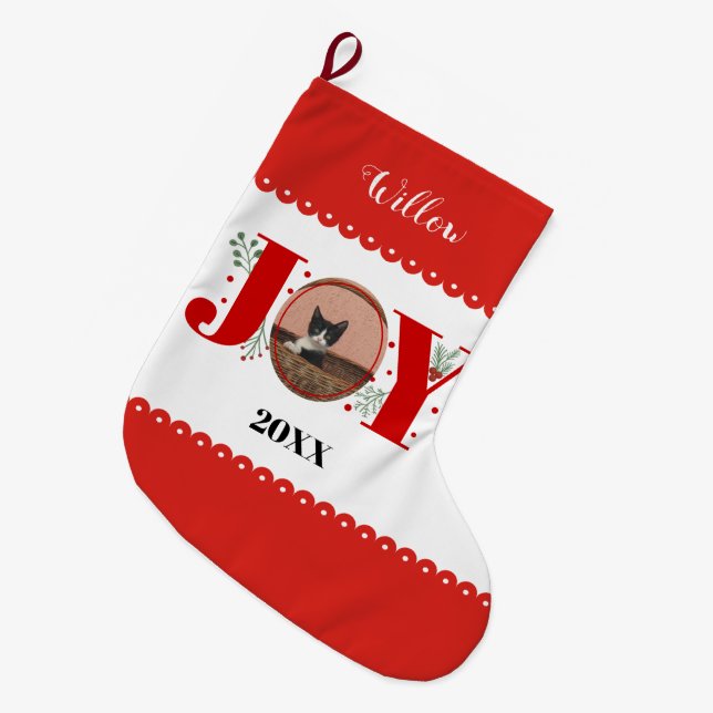 Calcetín Navideño Grande Alegría roja con Navidades de bayas mascota de gat (Frente (Colgado))