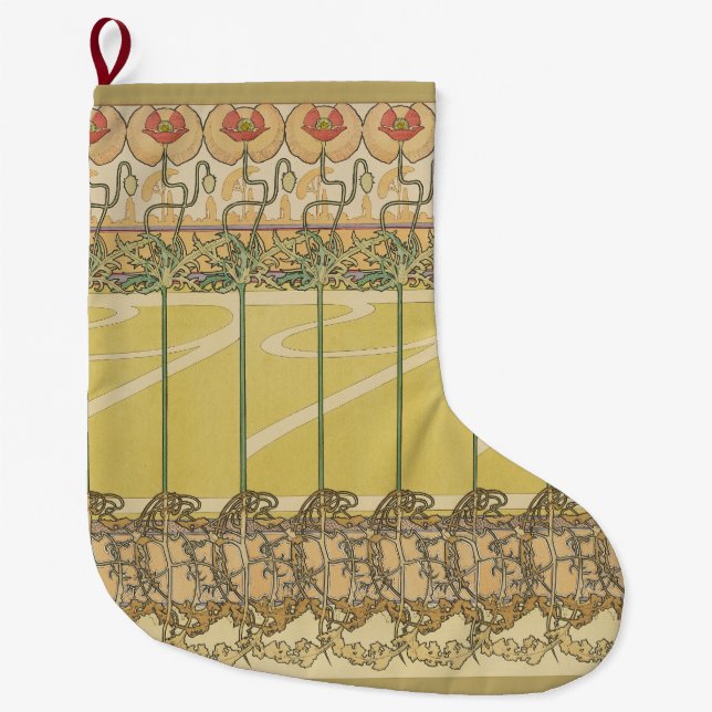 Calcetín Navideño Grande Alfonse Mucha Poppies Art Nouveau Floral Wallpaper (Anverso)