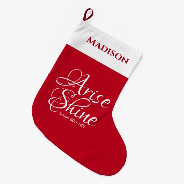 Calcetín Navideño Grande Alza inspiradora y rojo de la fe brillante (Frente (Colgado))