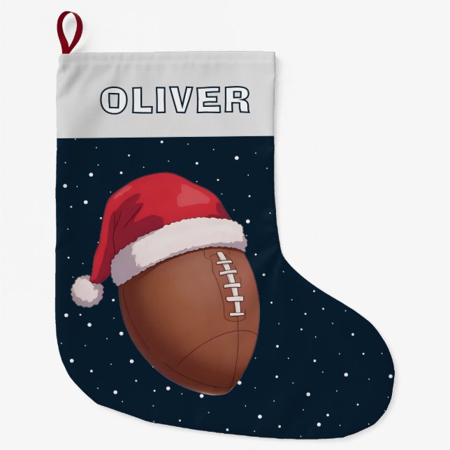 Calcetín Navideño Grande American Football Ball Red Santa Hat Name (Anverso)
