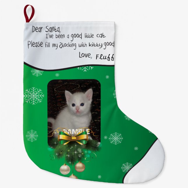 Calcetín Navideño Grande AÑADIR TU FOTO DE GATO Green Cute Holiday Stocking (Anverso)