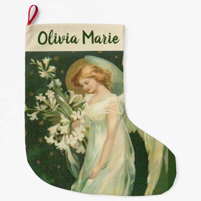 Calcetín Navideño Grande Ángel Chica personalizado con flores (Anverso)