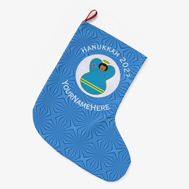 Calcetín Navideño Grande Angel Hanukkah Bandera Arubana Personalizada (Frente (Colgado))
