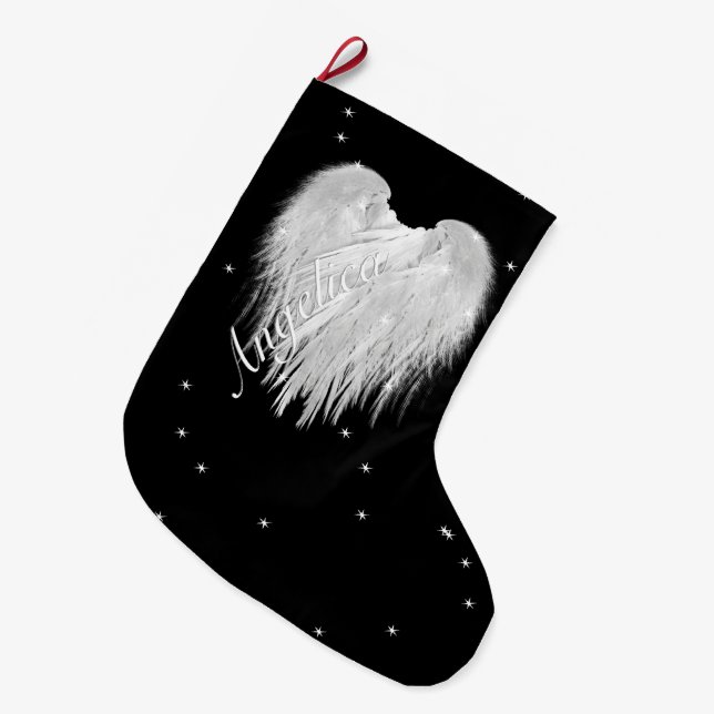Calcetín Navideño Grande ANGEL WINGS ‘Believe’ Heart Black Starry (Frente (Colgado))